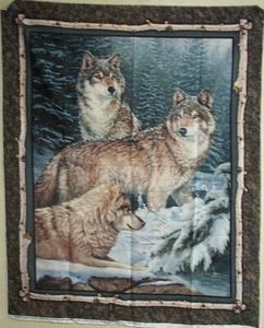 "Manta de tela bosque lobo colgante de pared yarda azul algodón marrón 36 in por 44" - Imagen 1 de 1