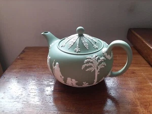 Wedgwood Sage Green Jasperware 5" High Teapot with Sugar Bowl and Creamer - Picture 1 of 12