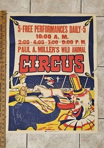 Póster de circo vintage Paul Miller animal salvaje payaso caballo trapecio elefante tigre - Imagen 1 de 6