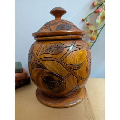Vintage Carved Wooden Lidded Jar Trinket Box Apothecary Storage Container Decor - Image 1 of 4