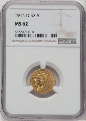 1914-D INDIAN HEAD $2.5 QUARTER EAGLE GOLD NGC MS62 - Image 1 of 4