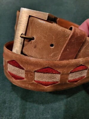 Vintage 1970s COWBOY AMERICAN WESTERN BELT  Steer Hide And Brass Buckle Size 38 - Image 1 of 4