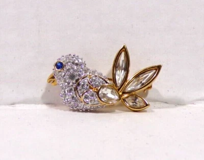 Broche Pájaro Azul Cristal Swarovski Vintage Piedra Transparente Tono Dorado Firmado Cisne Prendedor Foto 1 de 4