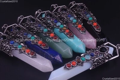 Natural Precious 7 Gemstone Scepter Hexagonal Pendant Charm Beads Tibetan Silver - Image 1 of 4