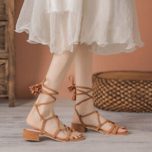 Womens Tassel Lace Up Clip Toe Sandals Summer Block Heels Sandals Roman Shoes