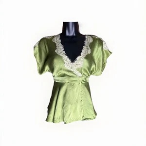 Vintage Y2k Silk Babydoll Blouse Top Green Peplum Wrap Whimsy Goth Coquette VTG - Picture 1 of 15