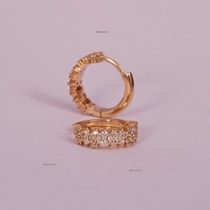 Natural Pave Diamond Hoop Earrings in 14K Yellow Gold Wedding Gift Fine Jewelry - Picture 1 of 10