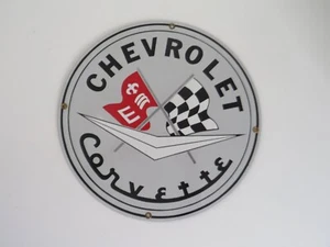 VINTAGE Round Metal CHEVROLET Corvette Sign Man Cave Signage Porcelain? - Picture 1 of 13