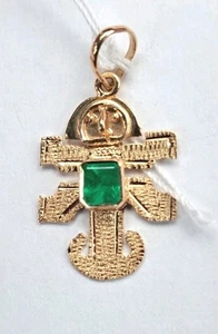 Nachlass natürlicher grüner Smaragd 18k massiv Gelbgold Azteken Maya Motiv Pin Anhänger - Bild 1 von 14