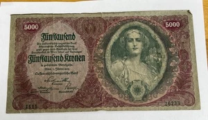 1922 Austria 5000 Kronen Bank Note - Picture 1 of 6