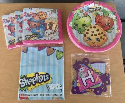 ¡NUEVO! ¡Tema de fiesta de cumpleaños Shopkins! 48 platos y servilletas, mantel y pancarta Foto 1 de 4
