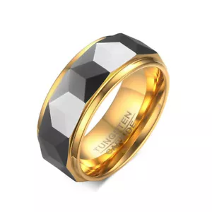 8 MM Wide Faceted Cut Geometric Tungsten Carbide Wedding Ring Men Jewelry Band - Picture 1 of 6