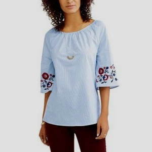 Como Blue Embroidered Sleeve Top, Blue/White, M - Picture 1 of 2
