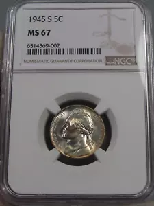 GEM BU Silver WW2 1945-S Jefferson Nickel NGC MS67. #6 - Picture 1 of 8