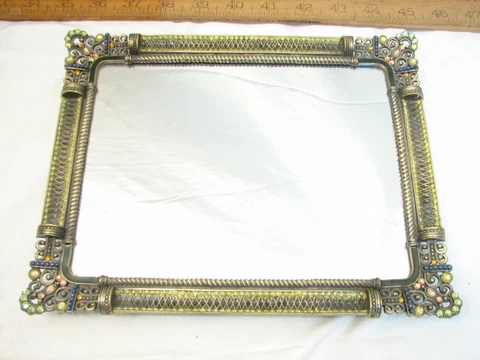 Small Vintage Pewter Mirrored Jeweled Dresser Perfume Tray Vanity Jewelry Cover