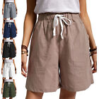Womens Cotton Linen Drawstring Shorts Ladies Pocket Loose Elastic Waist Pants AU
