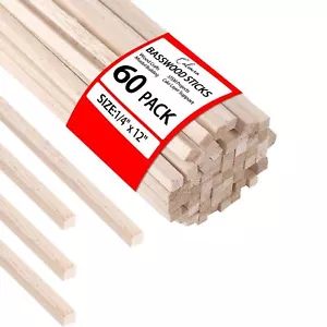 Calvana 1/4 x 12 Inch 60 PCS Balsa Wood Sticks, Unfinished Wood Square Dowel ... - Picture 1 of 8