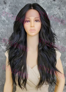 Peluca frontal de encaje negra larga suelta calor ondulado OK mezcla de cabello humano EVEX 1B - Imagen 1 de 8