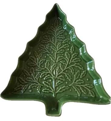 Hallmark Christmas Tree Serving Dish Stoneware Embossed Size 10 1/2" X 9" Green - Image 1 of 4