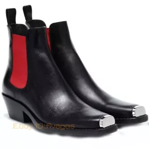 Herren 100 % Echtleder Wildleder Chelsea Stiefel Metall Quadratische Zehenpartie Schuhe Stiefeletten - Bild 1 von 31