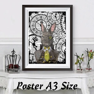 Steampunk Rabbit Poster Size A3 Dictionary Backgroung. Animal Picture Wall art - Picture 1 of 2