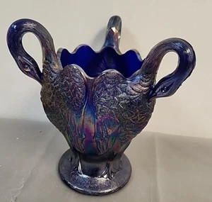 Imperial Glass Aurora Jewels Carnival Vase Blue Iridescent with 3 Swans 8 3/4" - Picture 1 of 16