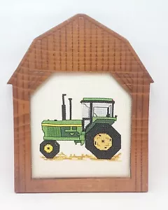 Vintage John Deere Tractor Cross Stitch in Barn Shape Wood Frame 9"x 11" - Picture 1 of 4