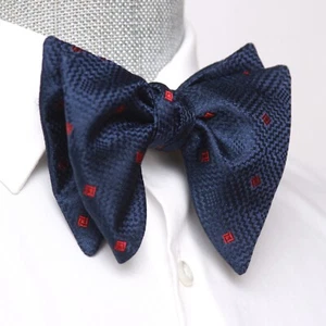 Men's Self-tied Bow Tie 100%Silk Big Butterfly Navy with Polka Dot S681 - Picture 1 of 18