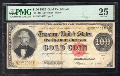 FR. 1215 1922 $100 BILLETE CERTIFICADO ORO CIEN “BENTON” PMG MUY FINO-25 Foto 1 de 2