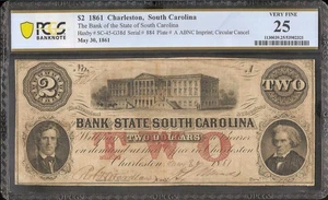 1861 $2 TWO DOLLAR SOUTH CAROLINA BANK NOTE LARGE PAPER MONEY CIVIL WAR PCGS 25 - Picture 1 of 2