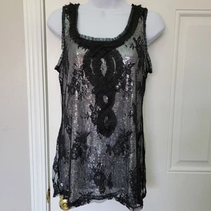 WHBM Pailletten Tüll schwarz silber ärmellos Top Urlaub Cocktail Party Date Medium - Bild 1 von 9