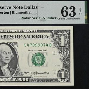 1977 $1 Federal Reserve Note PMG 63EPQ - Fancy Radar Serial Number 47999974 - Picture 1 of 3