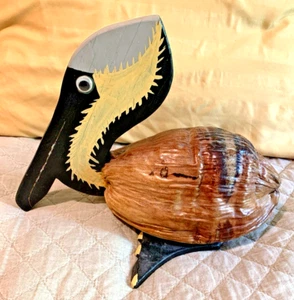 Handcrafted Wood Coconut Pelican Folk Art Sculpture Signed Jim Carvey Whimsical - Picture 1 of 8