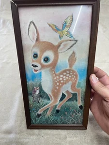 K Chin Big Eyed Fawn Art Print 8" x 10" 1978 Deer Butterfly Canvas Print Pastel - Picture 1 of 14
