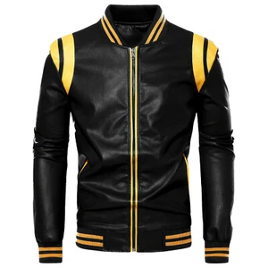 Men’s Black Biker Sheepskin Sporty Moto Slim Fit Yellow Stripes Leather Jacket - Picture 1 of 5