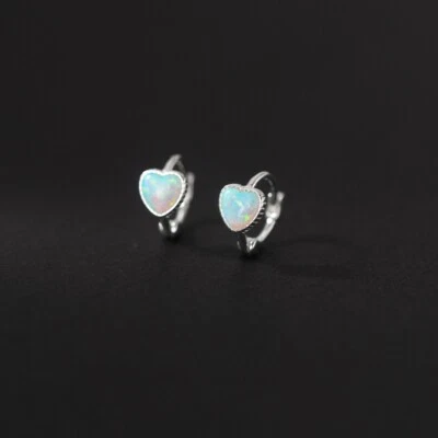 Women Solid 925 Sterling Silver 10mm Hoop Sleeper Earrings with Opal Heart - Image 1 of 4