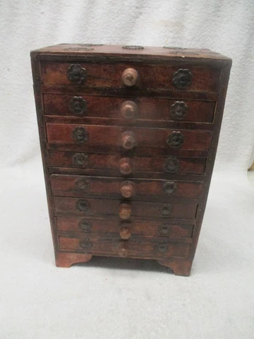 Antique Hindu Asian 8 Drawer Solid Wood Metal Jewelry Spice Organizer RARE Cover