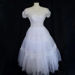 Vintage 50s Emma Domb White Tulle & Lace 2pc Wedding or Prom Dress Tiered Ruffle - Picture 1 of 21