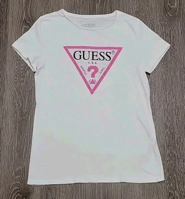Guess Jeans Logo White T Shirt Rinestone Triangle Pink Girl 16 Xl Short Sleeve  - Image 1 of 4