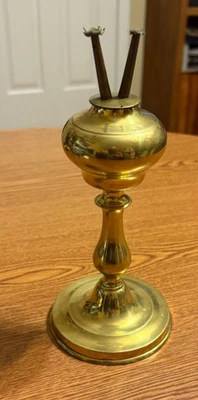 Antique 1800's Heavy Brass Whale Oil Lamp with Camphene double burner 9" Tall - Image 1 of 4
