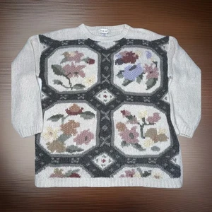 Allison Smith Pullover Damen LARGE Floral Geometrisches Design Rundhals Creme Grau - Bild 1 von 8