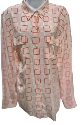 Blusa EQ Naranja Estampado a Cuadros XXL Equipo 10O% Bolsillos Seda Manga Larga Foto 1 de 4
