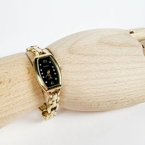 Reloj de pulsera estrecho vintage Armitron dorado damas cara negra y estrás - Imagen 1 de 10