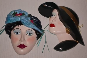 2 ART DECO STYLE  Flapper Girl  Ceramic Wall Masks Hand Painted 10" 11" - Picture 1 of 5
