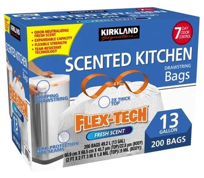New Kirkland Flex-Tech 13 Gallon Scented Kitchen Trash Bags - 200-count USA - Image 1 of 2