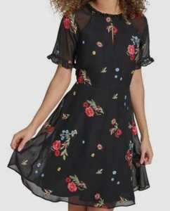 Kensie Womens Black Floral Embroidered Lined Ruffle Chiffon Mini Dress Size 6 - Picture 1 of 4