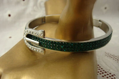 MODERN STAINLESS STEEL 316L GREEN CRYSTAL RHINESTONE HINGED 7 1/2" BRACELET - Image 1 of 4