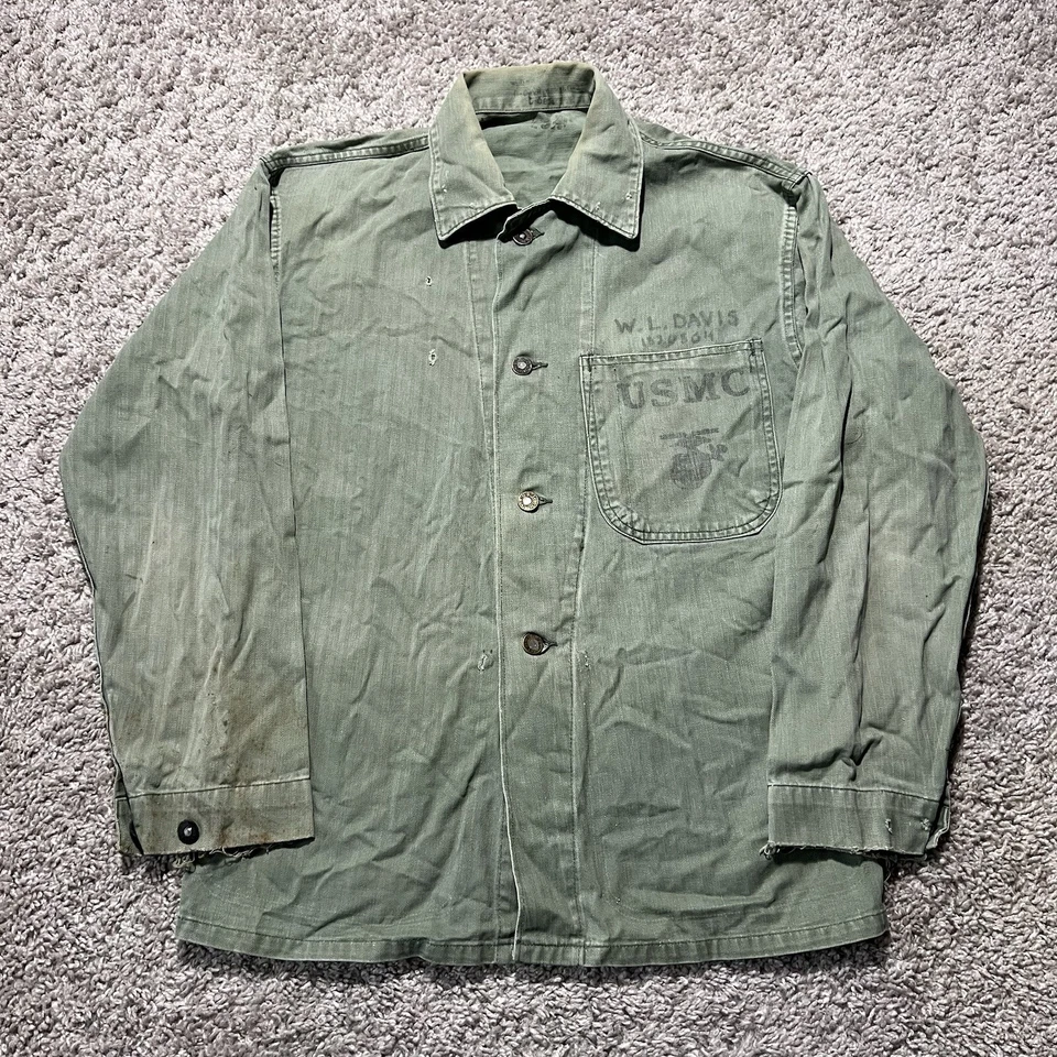 Vintage 40s WWII USMC Marine Corp HBT Chore Green Herringbone Stenciled Jacket - Image 1 of 4