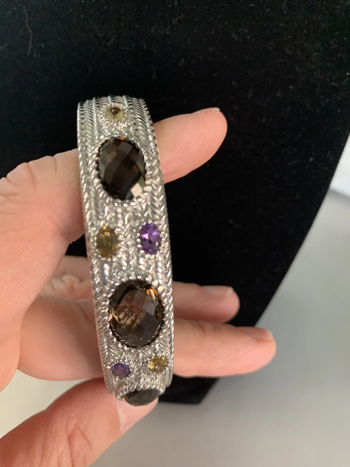 Judith Ripka Bracelet Hinged Cuff Sz 7.5" Smoky Quartz Amethyst Sterling Silver - Image 1 of 4