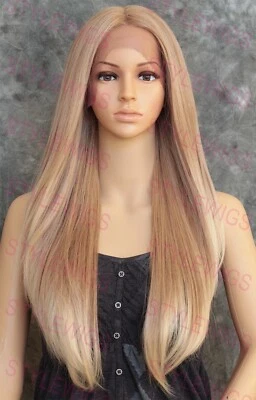 Peluca Rubia Clara Ombre Larga Recta Calor OK Encaje Frontal Mezcla Cabello Humano EVEU Foto 1 de 4